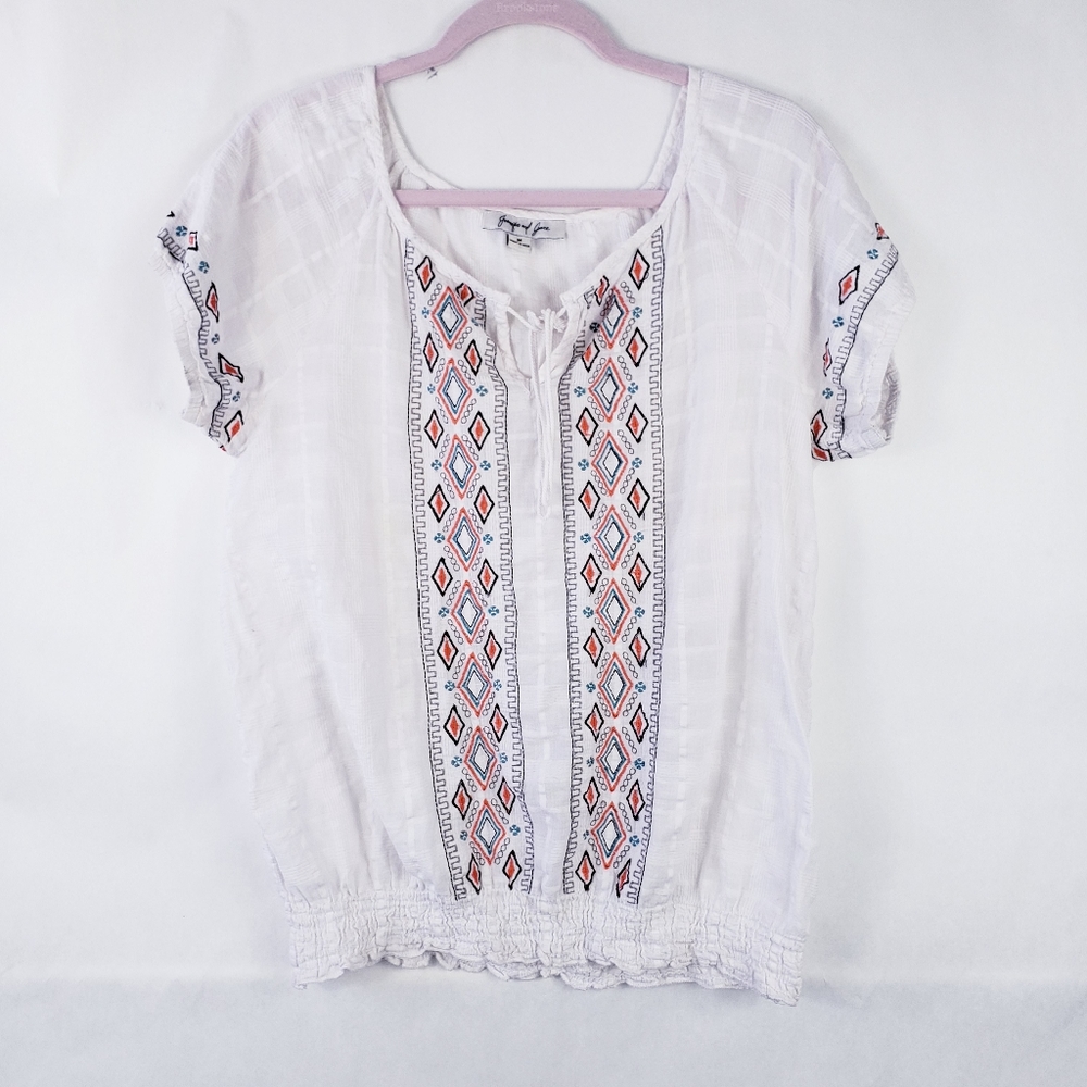 Jennifer & Grace White Embroidered Smocked Off The Shoulder Peasant Top M